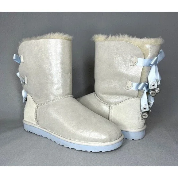 Women's 9 UGG Boots Bailey Bow I DO Crystal Shimmer White Silver Baby Blue RARE - Picture 14 of 16